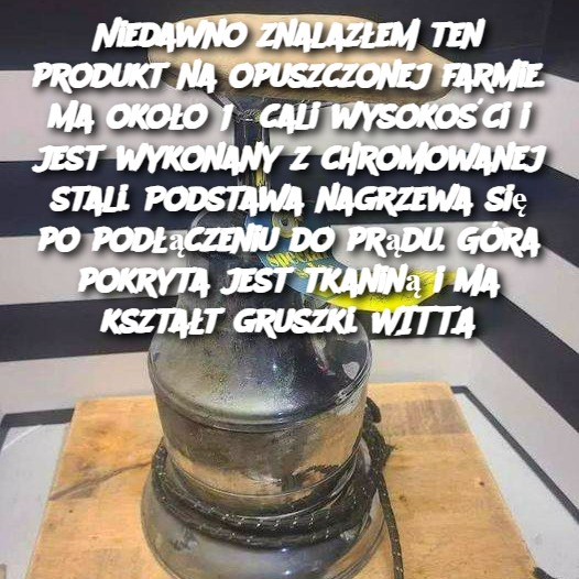 Niedawno znalazłem ten produkt na opuszczonej farmie. Ma około 15 cali wysokości i jest wykonany z chromowanej stali. Podstawa nagrzewa się po podłączeniu do prądu. Góra pokryta jest tkaniną i ma kształt gruszki. WITTA