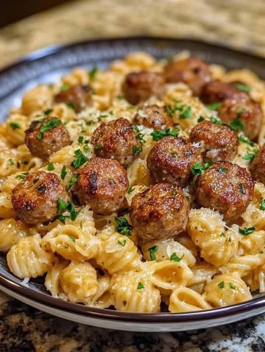 Kąski kiełbasiane z masłem czosnkowym i kremowym makaronem parmezanowym