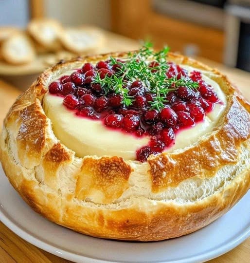 Rustykalna miska chlebowa z serem Brie, żurawiną i świeżym tymiankiem