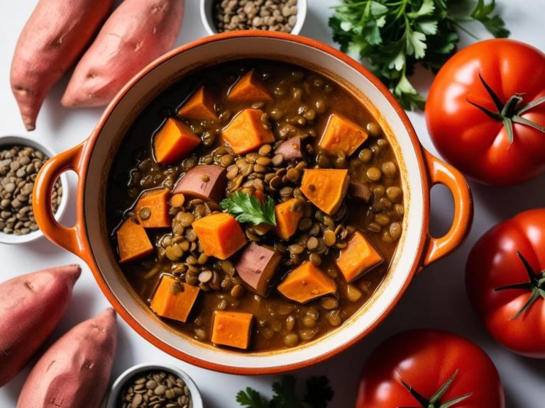 Zdrowe przepisy jednogarnkowe a w tym Gulasz z batatów i soczewicy w Aromatycznym Sosie Pomidorowym